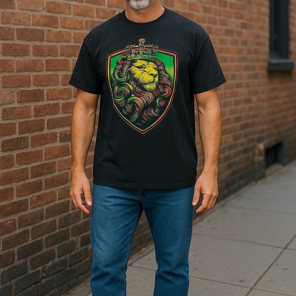 OGABEL Men's Lion Crown Shield Rasta T Shirt Black. Size 3XL